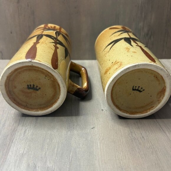 Vintage Hand-Painted Ceramic Bamboo Design Tall Mugs With Handles Set of 2 - Picture 4 of 5